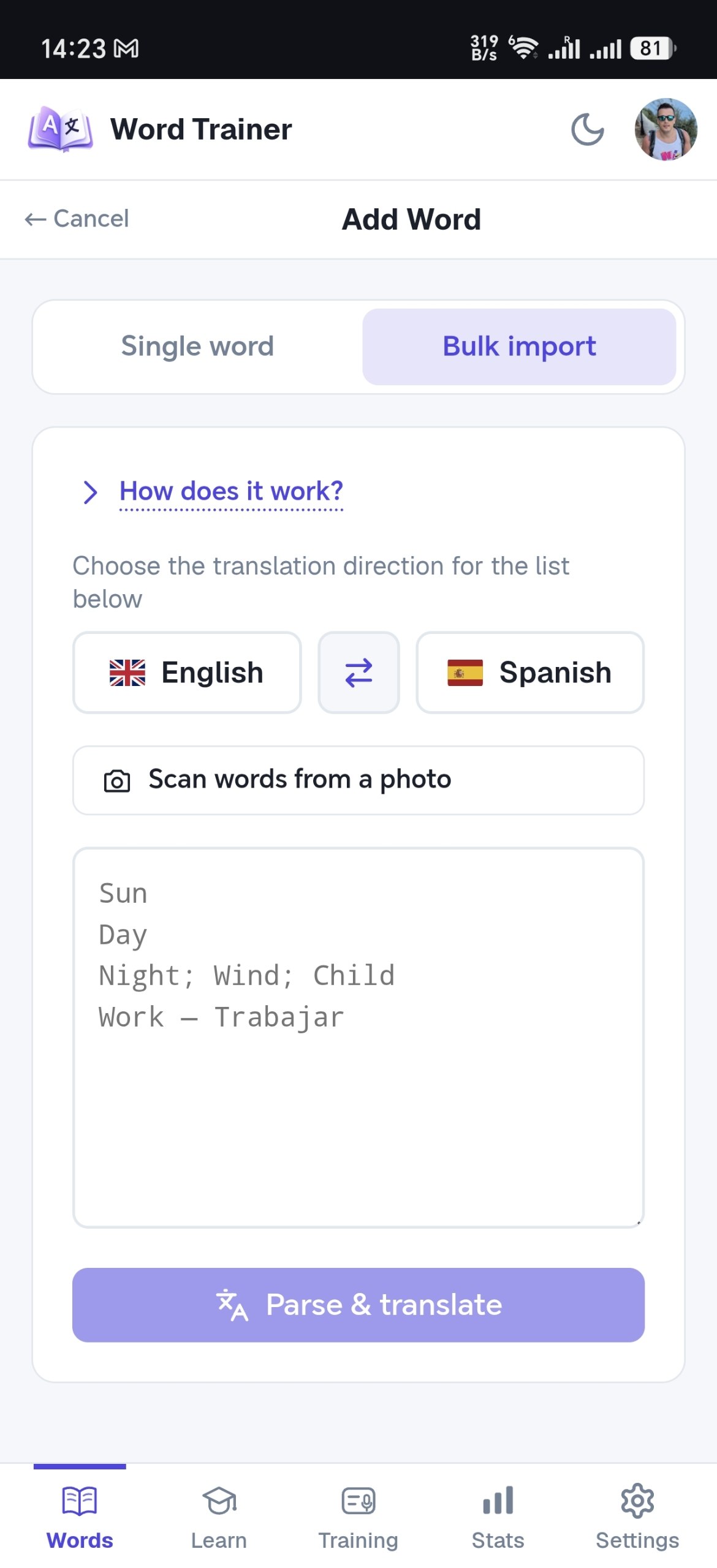 Word Trainer, the Add Word screen on the Bulk import tab: the translation direction English to Spanish, the button Scan words from a photo, a text box showing the accepted list formats and the Parse & translate button